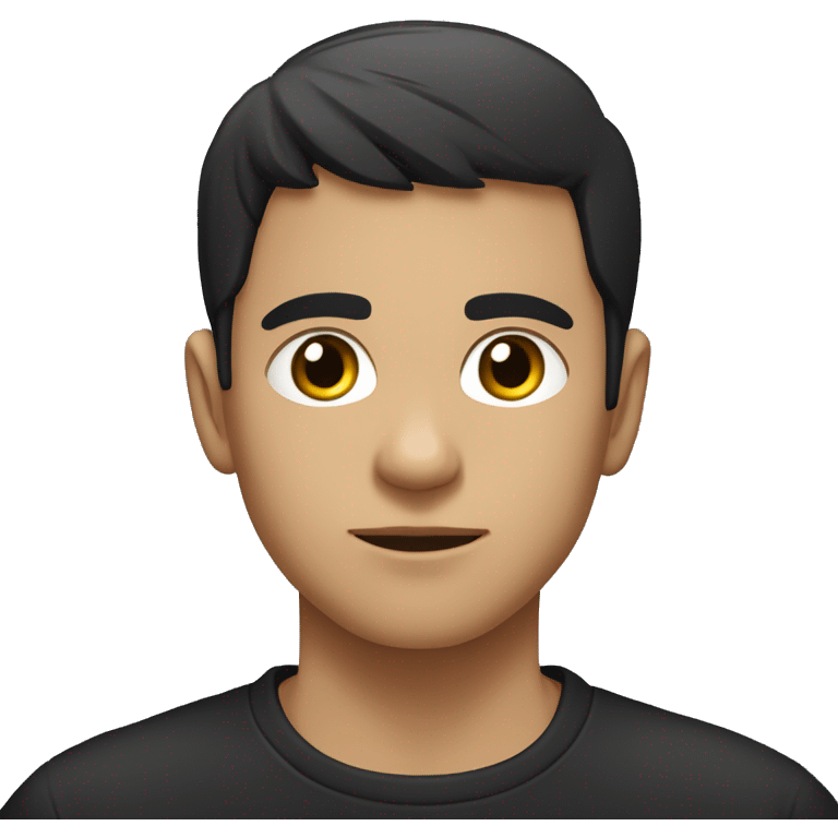 The image shows a young man with short, styled black hair wearing a dark, plain t-shirt. His face is calm, slightly turned to the side, with a focused expression emoji