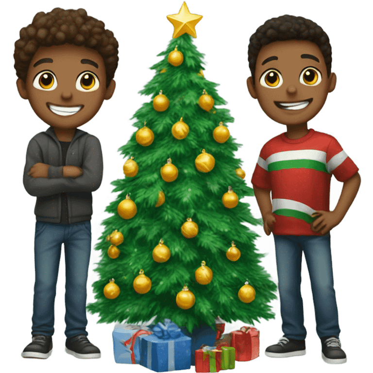 boys smiling by christmas tree emoji