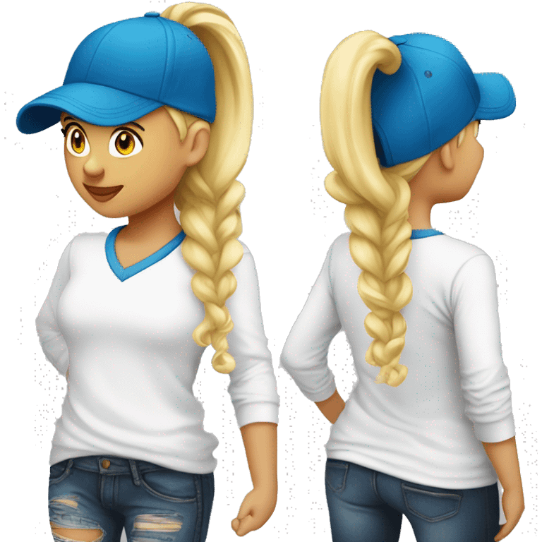 Girl with blonde ponytail Baseball cap white long sleeved shirt emoji