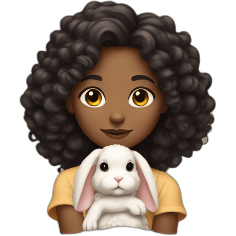 black woman dark long curly hair holding chubby floppy eared tan rabbit cute emoji