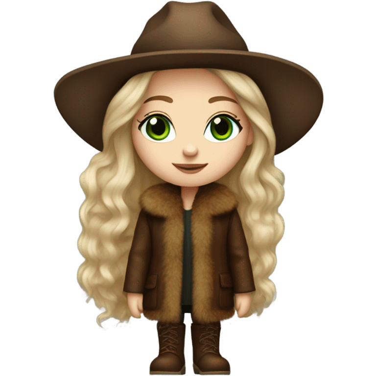 Realistic White girl with Long straight blonde hair, green eyes, tattoos, full body wearing Brown fur coat and fur hat and Brown leather boots emoji