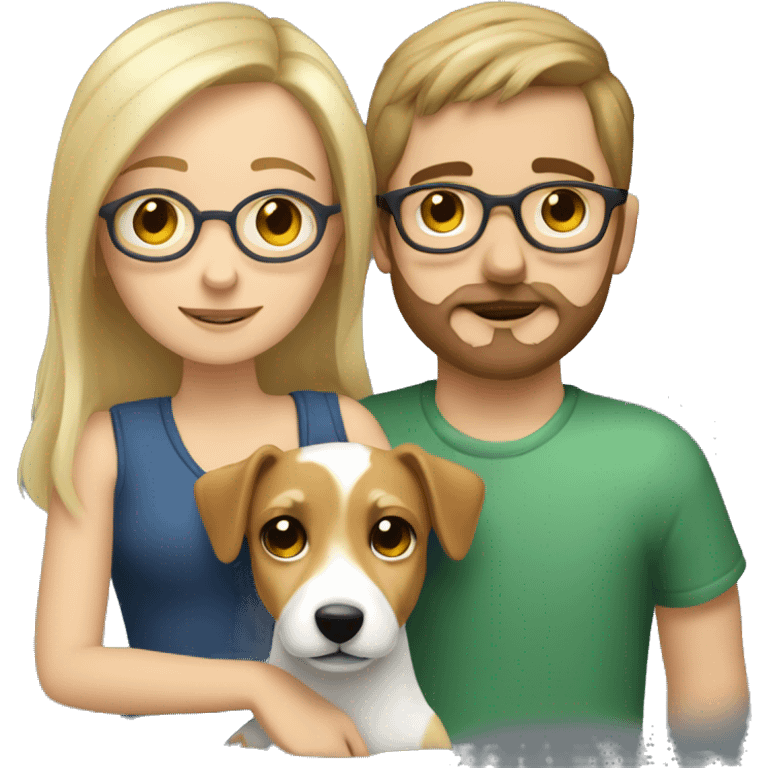  blonde girl without glasses and a white boy with brown hair and glasses, a little Beard and moustache, both cuddling a jack Russell emoji