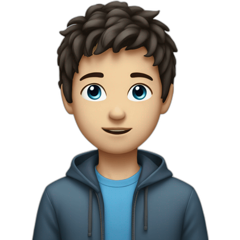 young boy with dark staight hair, blue eyes and computer emoji