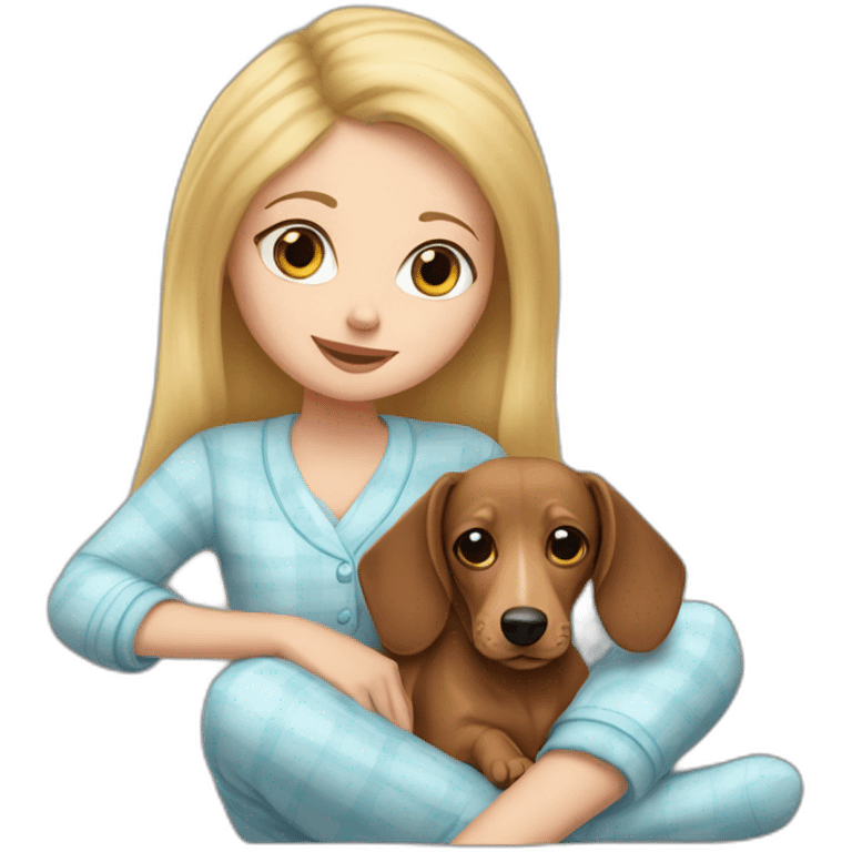 light-eyed white girl in pajamas and her dachshund dog emoji