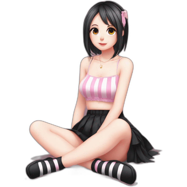 full body Front view emo girl sits on the floor black skirt pink knickers striped stockings emoji