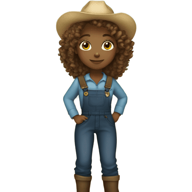 full body farmer girl standing, light skin tone, brown curly hair, dark eyes emoji