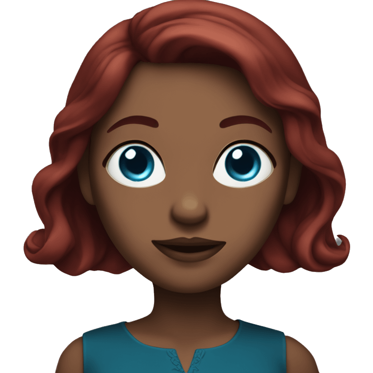 White woman with blue eyes and long dark red hair wearing a dark red dress emoji