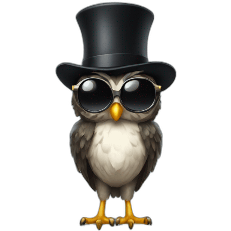 owl with long curly black hair wearing a tophat and sunglasses emoji