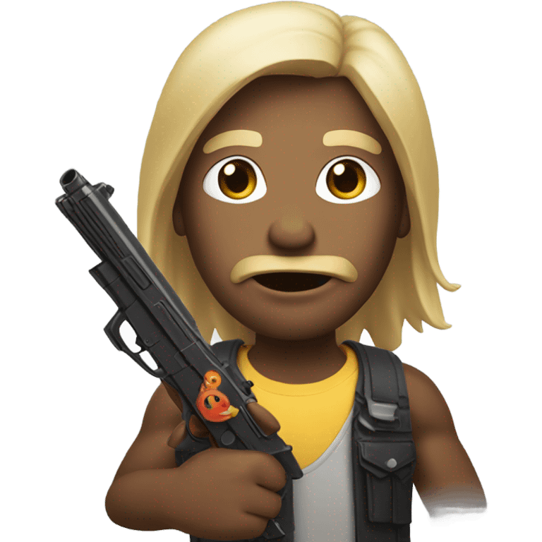 make a man with a face of determination while holding a toy childish gun aiming it at the screen and make him have long straight hair  emoji