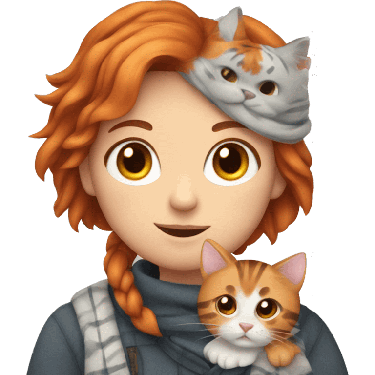 A Scottish cat with a tiger gray color, a red-haired girl in her arms emoji