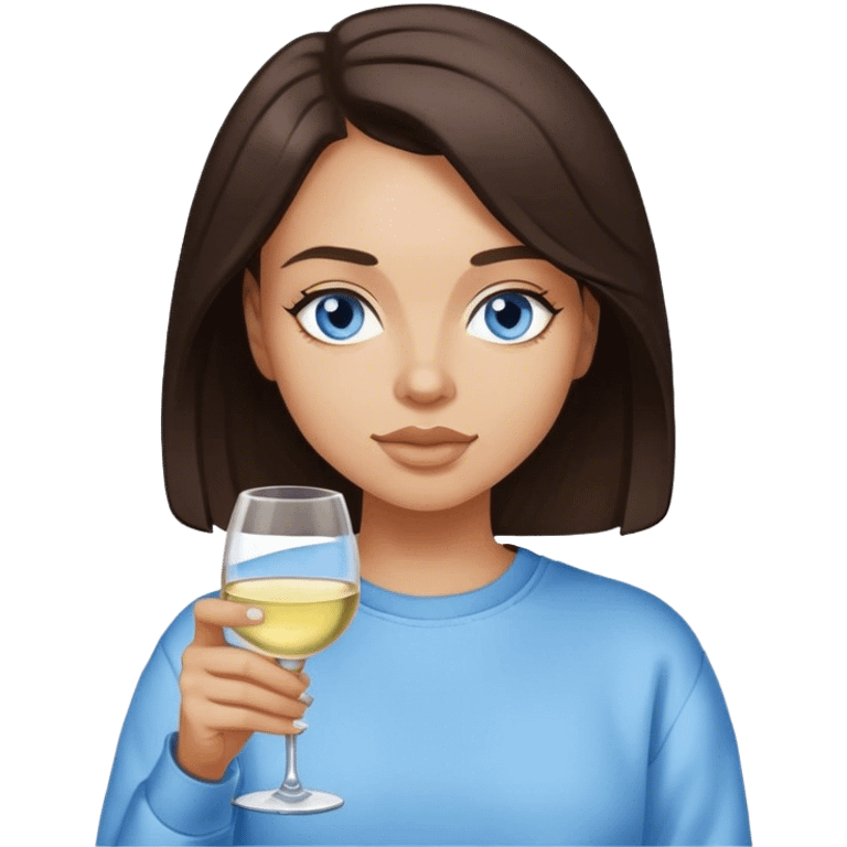 Dark brown hair woman blue eyes drinking white wine in sweatshirt emoji