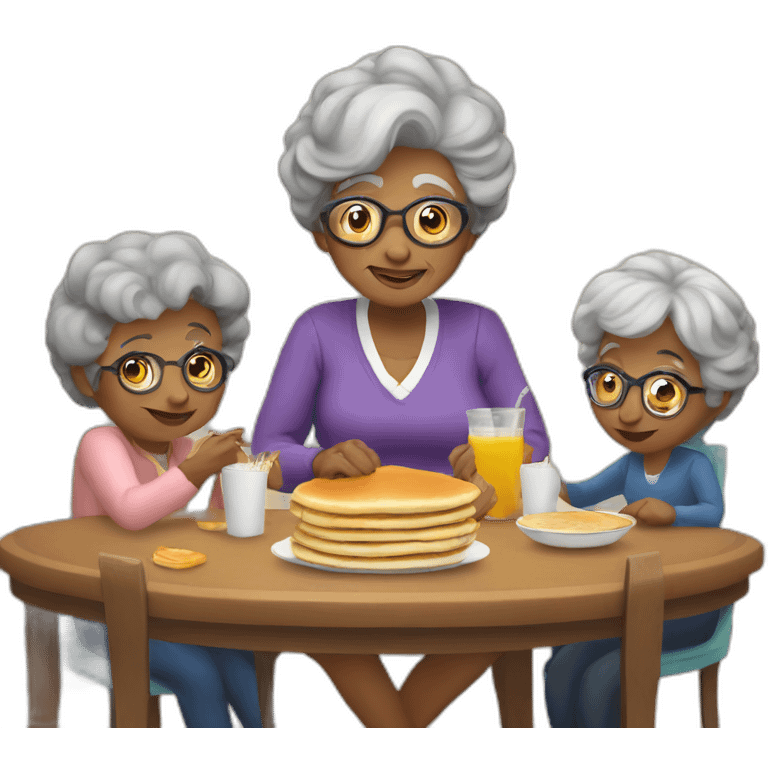 Granny with family in the table eat pancakes emoji