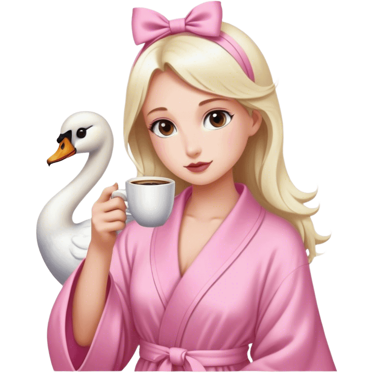 Chica con moño de cisne tomando café con bata rosa emoji