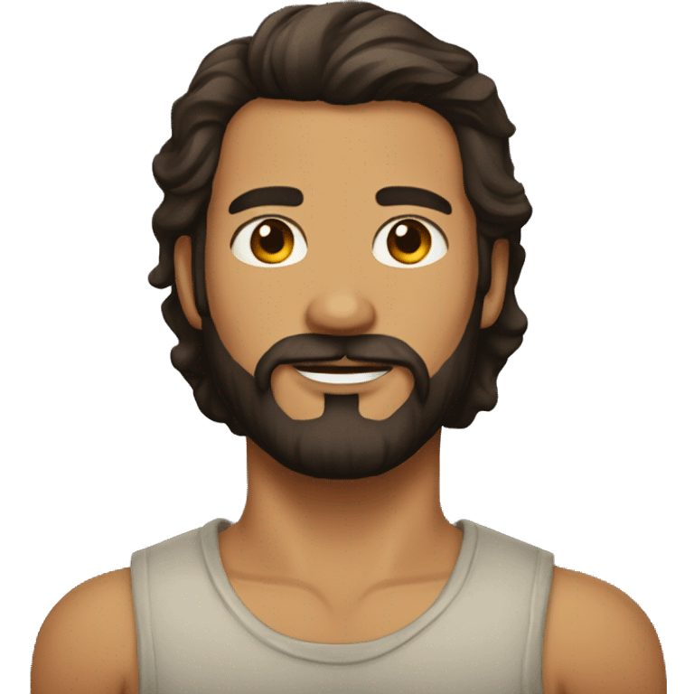 man with beard, long dark brown hair, tan skin, trident tattoo on the neck emoji