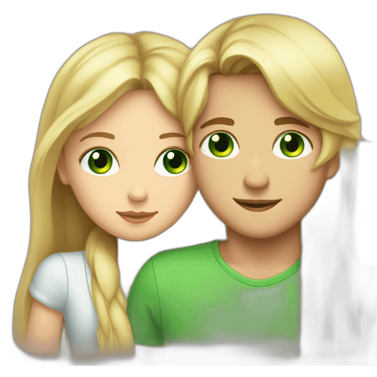 a blond boy with brown-green eyes kisses a brunette girl with long straight hair and bright green eyes on the cheek emoji