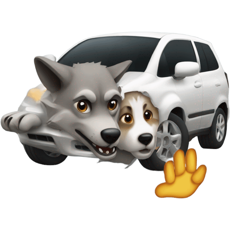 Tiny car crashing into a wolf’s feet paw emoji