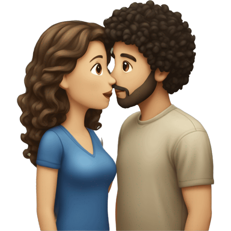 Couple kissing, girl with brown hair, boy with black curly hair and goatee beard emoji