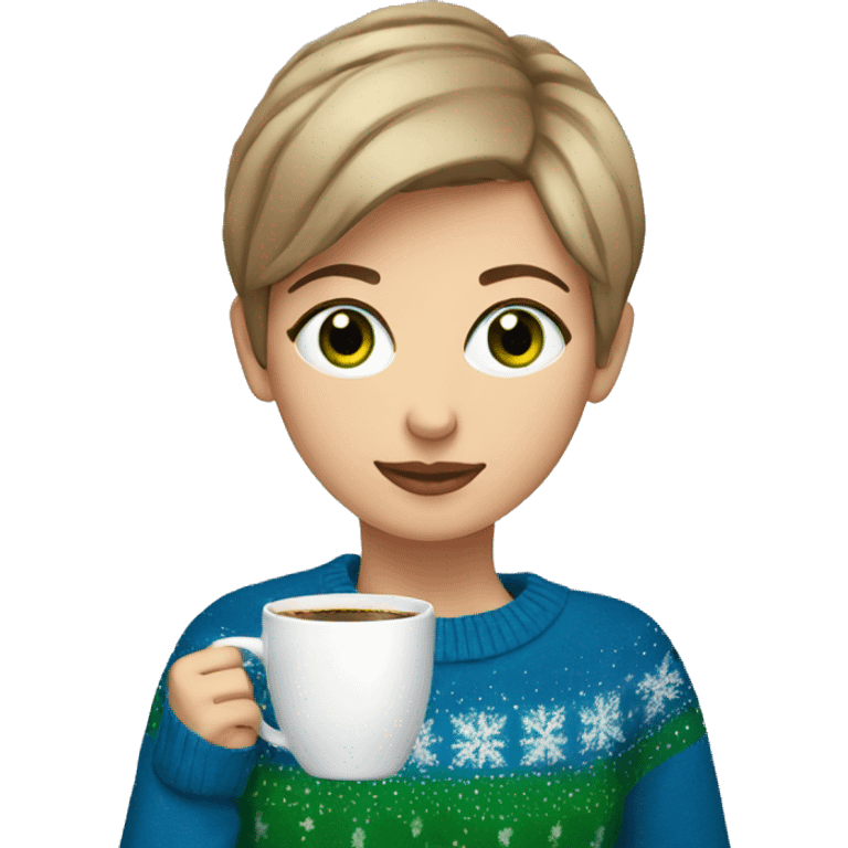 Light brown short haired girl with green eyes drinking coffee wearing blue Christmas sweater emoji