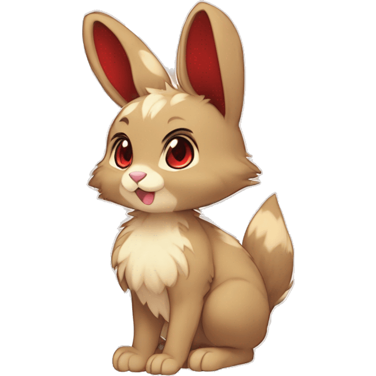 Cute, Chibi, Kemono-style, Anthro, Fur-Sona, Dark-Brown, Normal-type-Ground-type Tan-Rabbit-Fakémon with Dark-Red eyes, beige belly, beige paws, beige feet, beige freckles, full body emoji