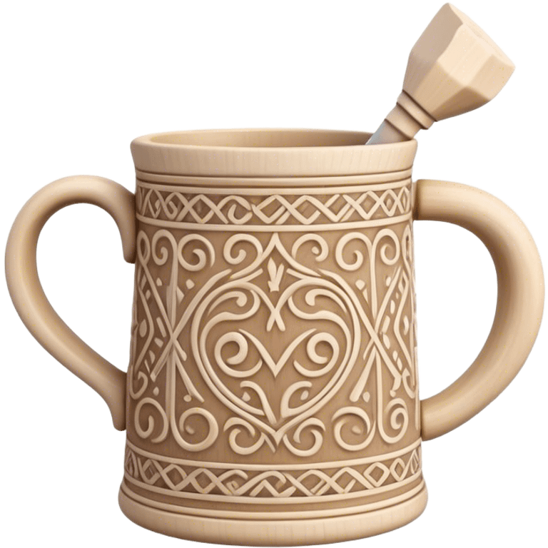 Scandinavian carving icon, bone mug or vase with intricate Norse patterns, chisels and carving tools nearby, minimalistic style, clean lines, transparent background. emoji