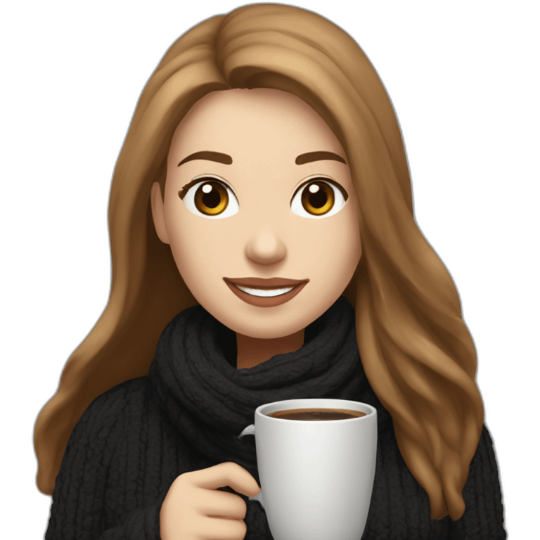 eyes closed smiling woman with pale skin middle brown long straight hair with a laptop and a large coffee mug wearing a black woolly shirt and a black woolly scarf emoji