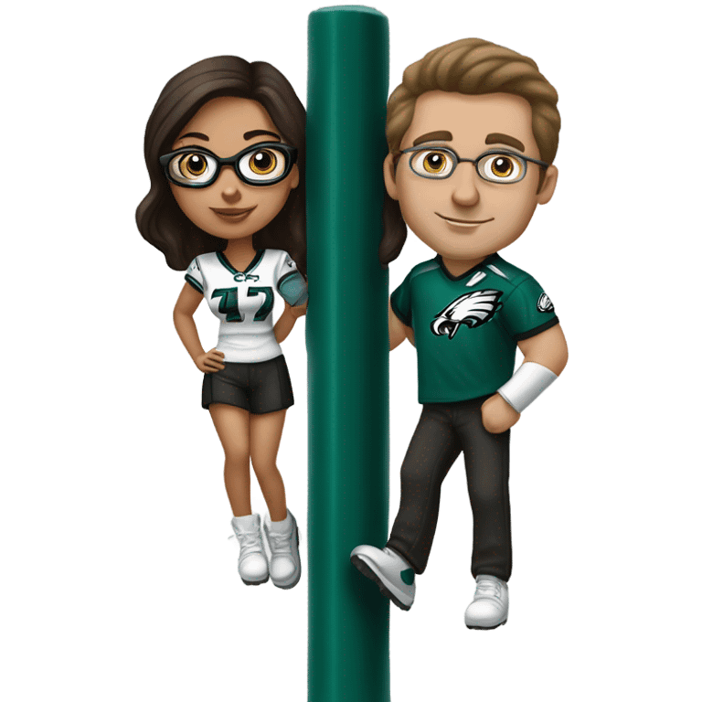 Dark brown hair female with glasses and white male with light brown hair who are both eagles fan climbing up a pole emoji