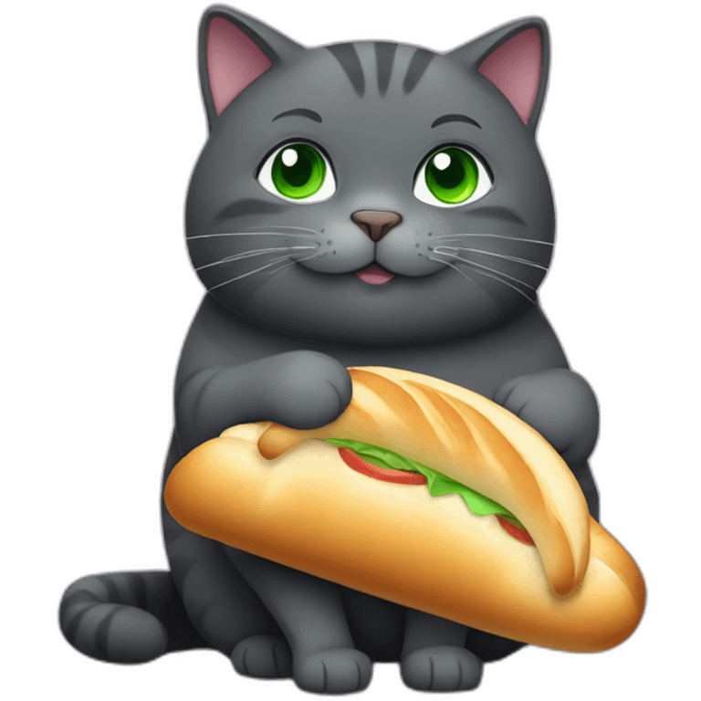 happy dark grey fat cat with green eyes and short tail eating a baguette emoji