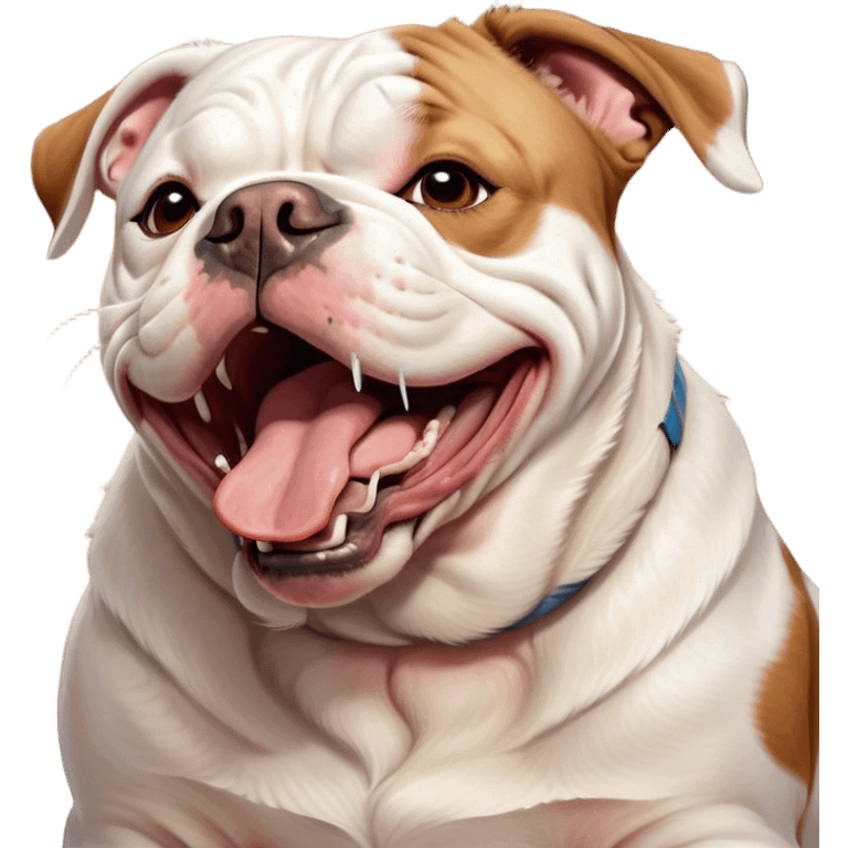 Cinematic Cute Yawning White and Brown American Bulldog Portrait Emoji, Head tilted slightly with a dramatic, wide-open yawn, soft white fur with bold brown patches, floppy ears slightly drooping, round brown eyes barely open in drowsy contentment, Simplified yet irresistibly adorable features, highly detailed, glowing with a soft, cozy glow, high shine, relaxed yet expressive, stylized with a touch of whimsy, bright and endearing, soft glowing outline, capturing the essence of a sleepy yet affectionate pup, so drowsy it feels like it could stretch right out of the screen and curl up for a nap! emoji