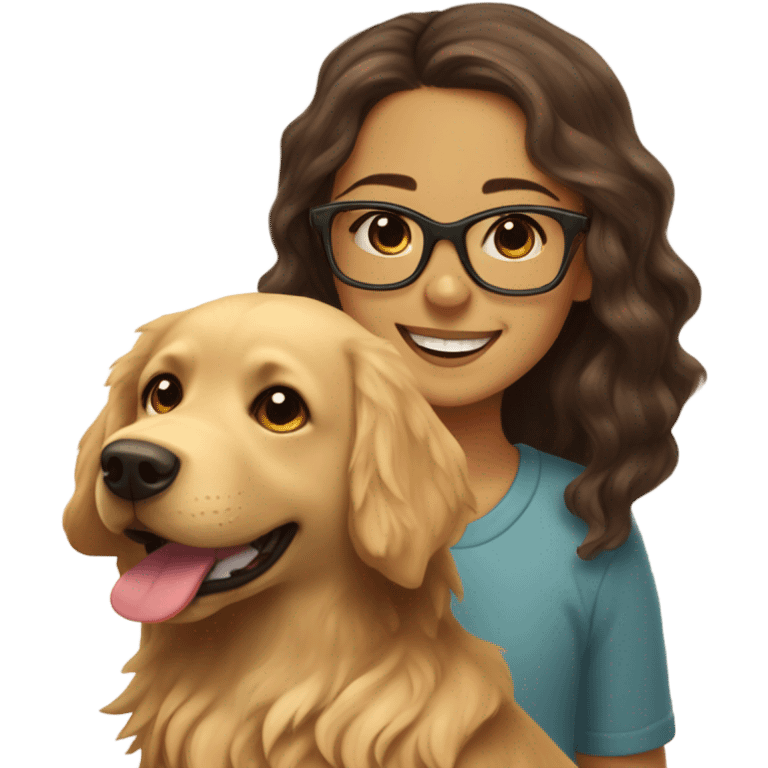 Smiling girl with long dark wavy brown hair and red glasses next to a small shaggy golden Labrador dog with brown eyes emoji