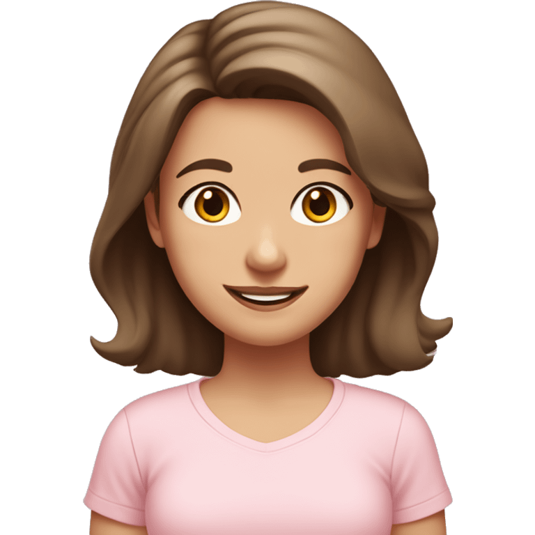 a brown-haired girl with brown eyes in a pale pink T-shirt smiles and has medium-length hair with a small pink bow on her head emoji