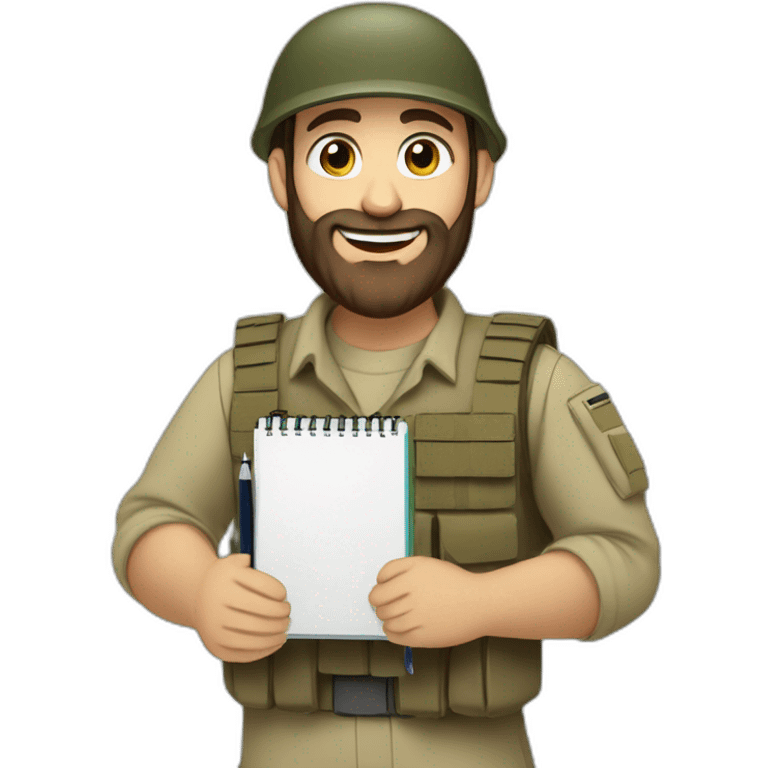 pale brown bearded israeli IDF soldier happy holding notebook and pen and stationary emoji