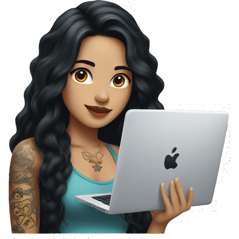 beautiful girl, with arm tattoos, with long black hair, wavy hair, chinese, with laptop emoji