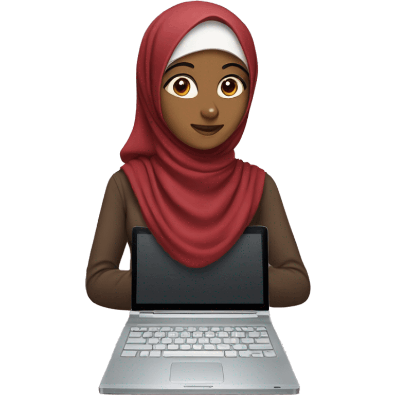 girl wearing hijab with red dress , brown eyes holding computer emoji