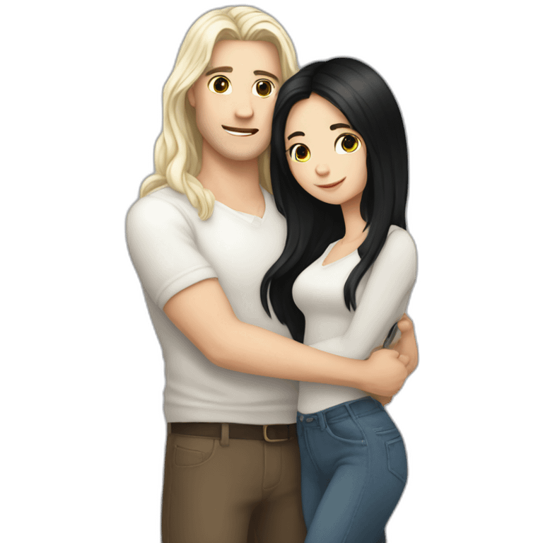 white skin long hair guy is hugging a white skin black hair girl emoji