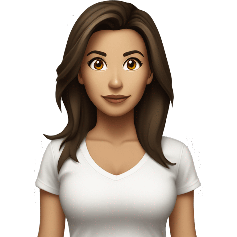 3/4 face, contrasted, shadow, light, Eva Longoria expression, standing, thin nose, brunette woman, hazel eyes, long eyelashes, dark shoulder shaded hair, white t-shirt, jeans, white sneakers emoji