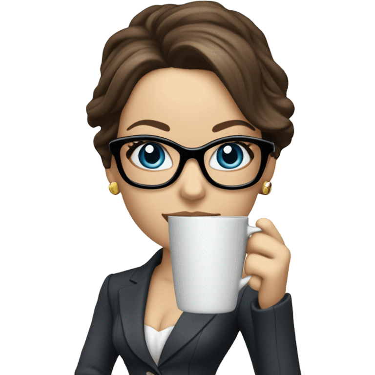 Lifelike model Kate Beckinsale blue eyes wearing glasses in a business dress drinking a cup of tea  emoji