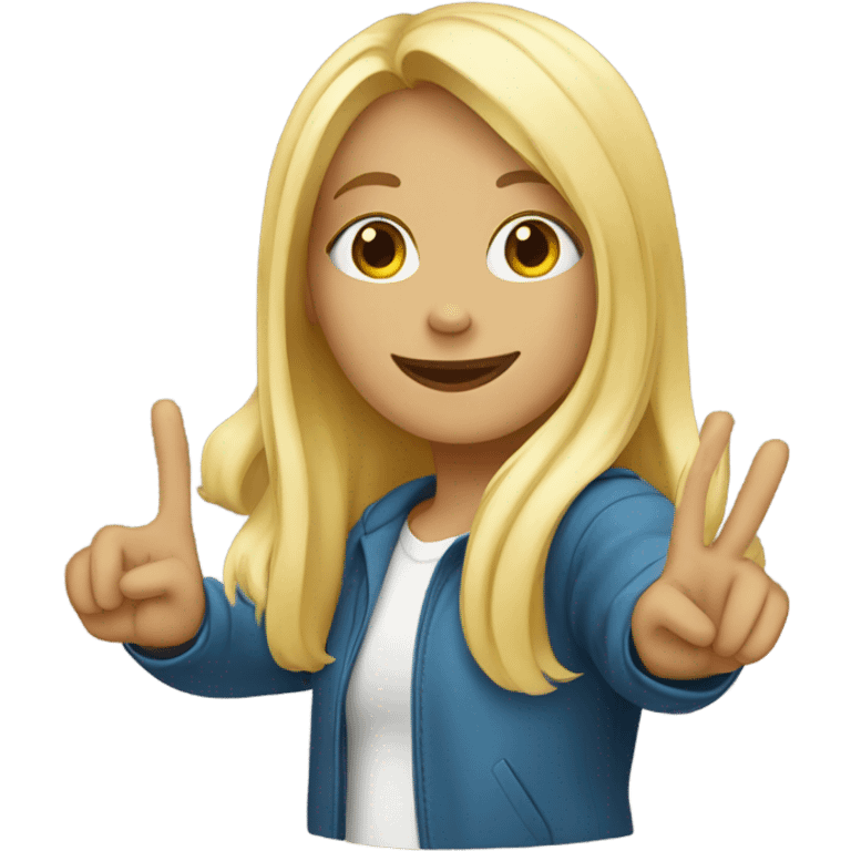 A blond girl doing the pease sign with her hands and a crasy color full backround emoji