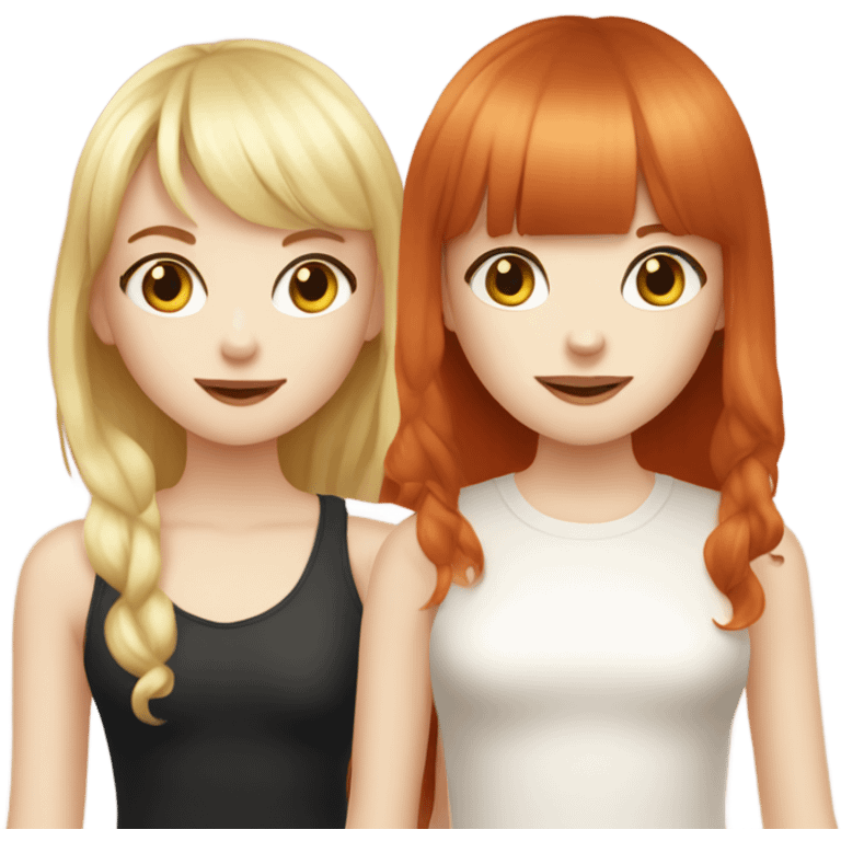 Pale skin Red head girl with bangs and pale skin blonde girl with bangs best friends holding hands emoji