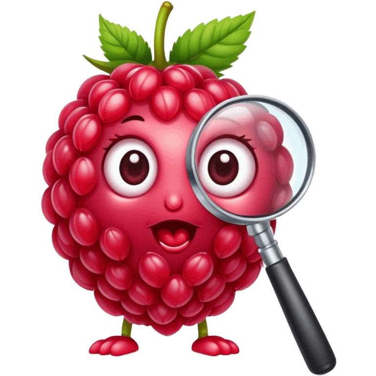 A cute raspberry holds a magnifier looks friendly emoji