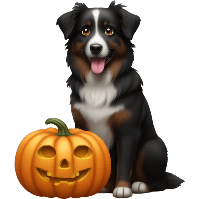 black australian shepherd dog in a pumpkin emoji