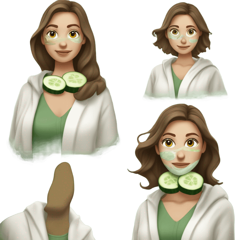 White girl with Brown hair and blue eyes wears a Green colored skincare clay textured mask and puts on cucumbers around her eyes while She relaxes in her white Robe emoji