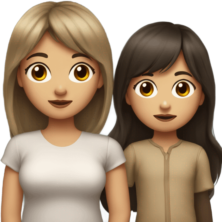 girl with long dark hair with bangs and brown eyes and her toddler emoji