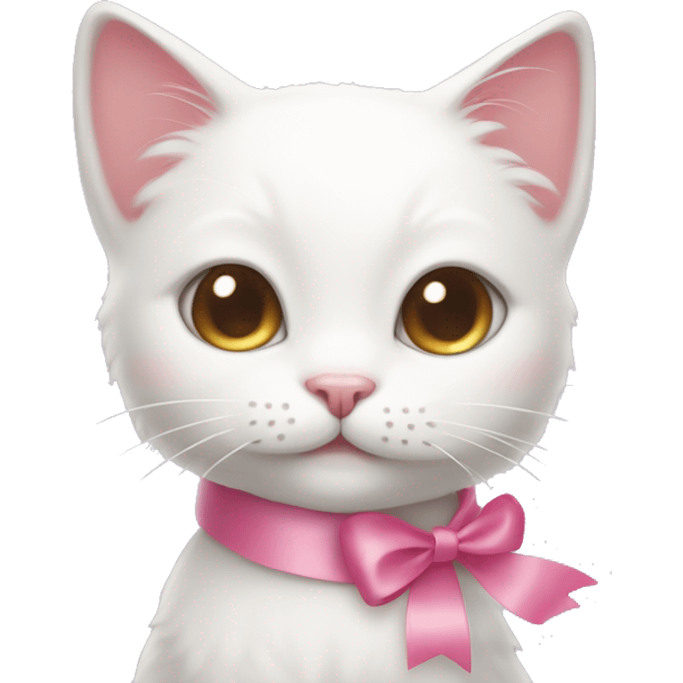 White cat smiling cutely with a cute pink ribbon on her head  emoji