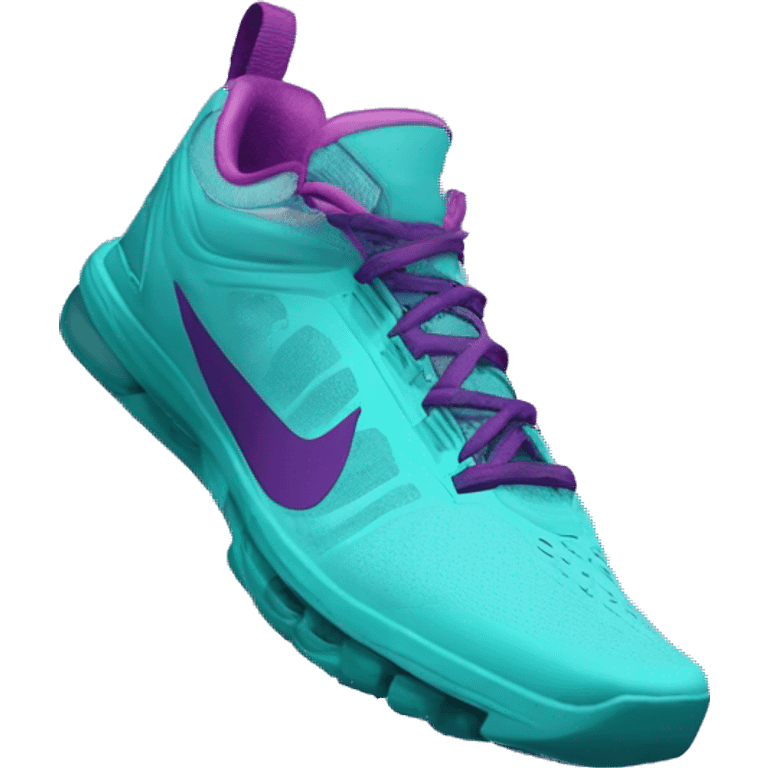 Hyper Realistic top front view of a pair of turquoise,light teal,magenta,and dark purple Nike Shocks. emoji