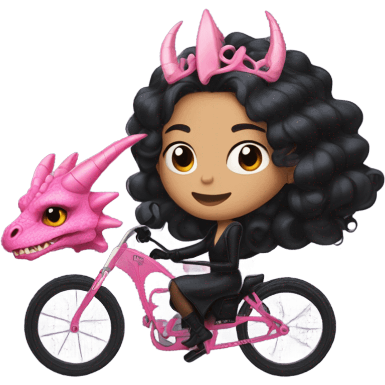  black evening gown with see-through gloves, Jenna Ortega as Addams woman prom queen wearing a mini tiara, very large blood  pink evil-looking horned old dragon bike emoji