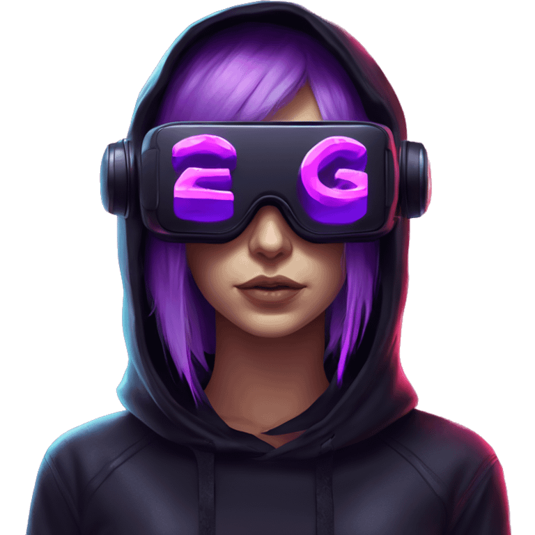 Russian girl wearing black hoody with violet letters "OMG", in vr headset. Cyberpunk style. Violet neon. emoji