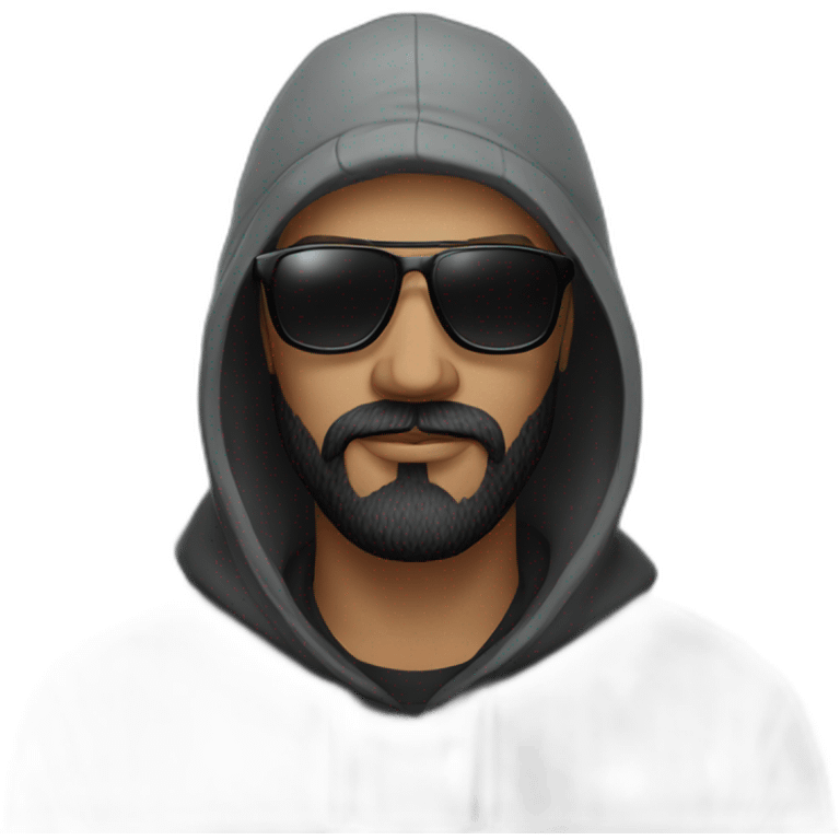 a man with black beard, gray Beanie, black sunglasses, that wears a black hoodie emoji