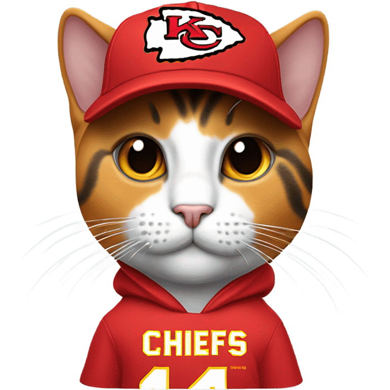 Calico cat wearing KC chiefs hoodie and chiefs ball cap emoji