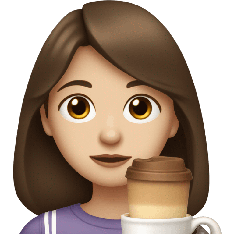 A girl with Dark Chestnut brown straight haired and bangs she has  hazel eyes and pale skin sipping a latte  emoji