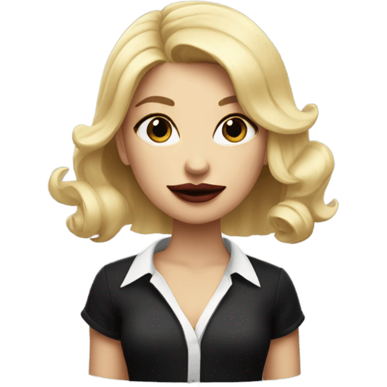 Girl with blonde hair and black and white shirt holding lipstick emoji